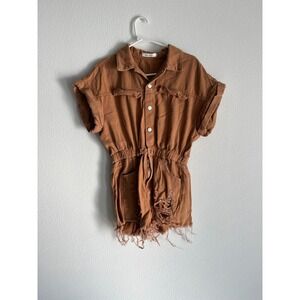 Idem Ditto Jumpsuit Womens Small Brown Frayed Hem Cuffed Sleeve Distressed‎